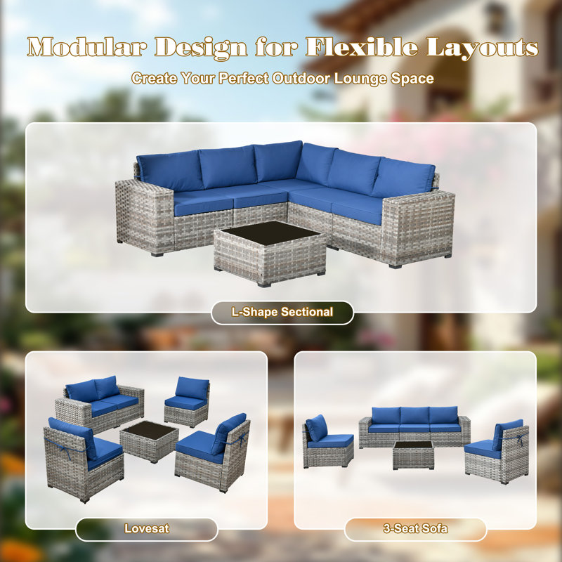 Bobia 7-Piece Modular Outdoor Sectional Sofa Set with 42'' Fire Pit Table, L-Shaped Patio Conversation Set for 5, Navy Blue