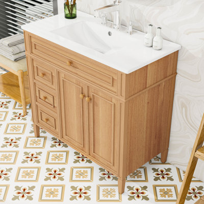 Meuble-lavabo de salle de bain avec lavabo, tiroir rabattable, 3 tiroirs et 2 portes à fermeture en douceur