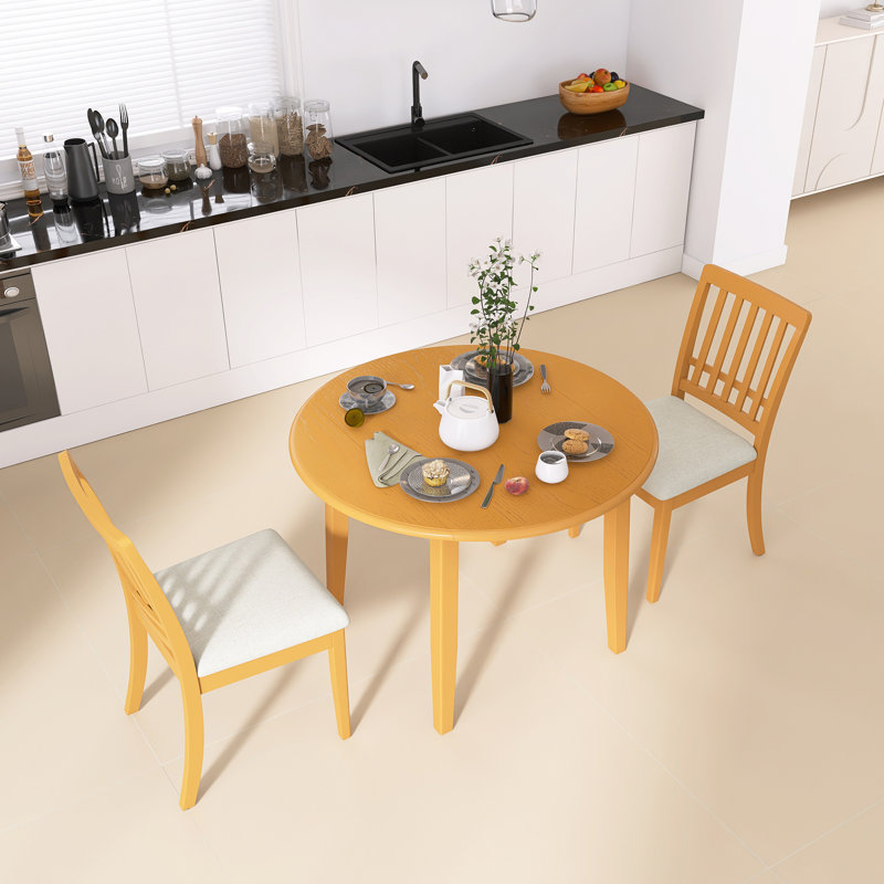 3-Piece Round Dining Table Set For 2 People, With1 Folding Wood Dining Table, 2 Ergonomic Support Upholstered Chairs, Easy Assembly