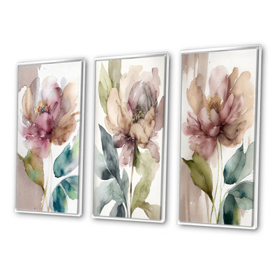 «Pink Watercolor Peony Blossoming», 3 pièces sur toile