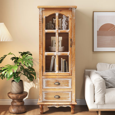 Meuble rustique en bois avec porte et 2 tiroirs, haut et étroit, idéal pour salle à manger, salon ou chambre - Design américain, étagères ouvertes, rangement coulissant de style vintage