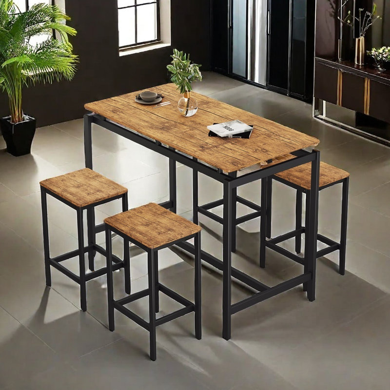 Ensemble de table de bar compacte 5 pièces avec table et tabourets - Design industriel moderne, mobilier peu encombrant pour salle à manger et coin-repas