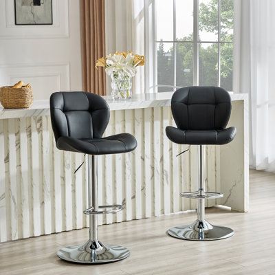 Ensemble de 2 tabourets de bar réglables avec revêtement en polyuréthane noir, dossier capitonné et base chromée pour la cuisine, le bar et le pub