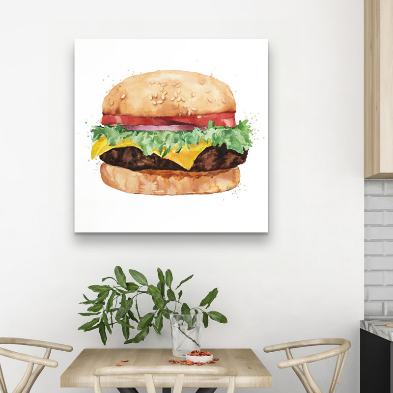 Watercolor all dressed cheeseburger - 32"x32" art on canvas