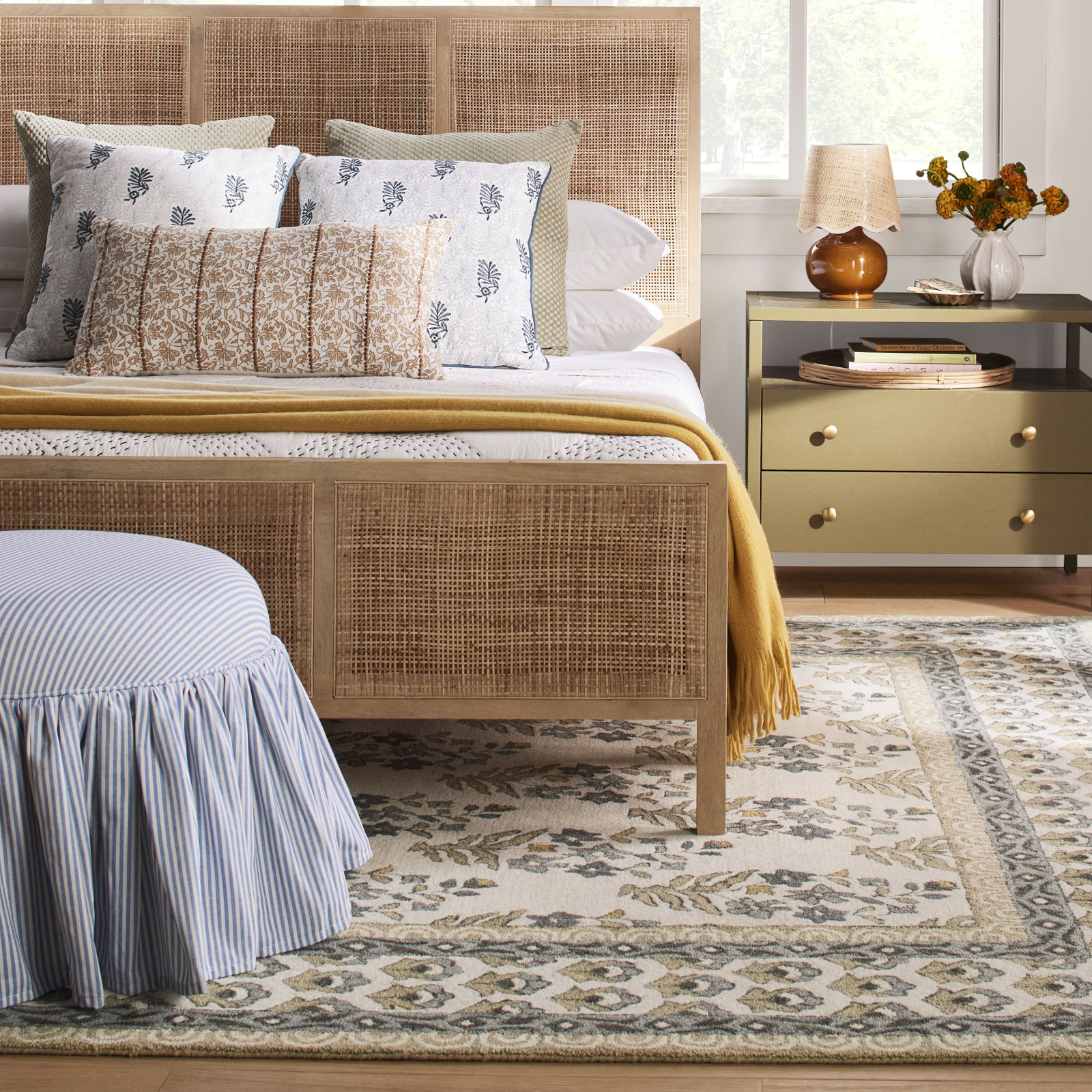 Jebb Upholstered Ottoman, Vine Stripe Dusty Blue