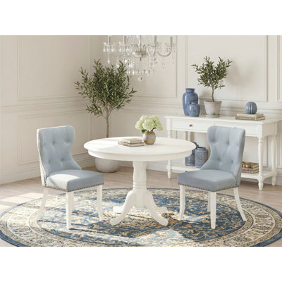 3 Piece Dinette Set for Small Spaces Contains a Round Dining Table with Pedestal and 2 Baby Blue Linen Fabric Upholstered Chairs, Linen White
