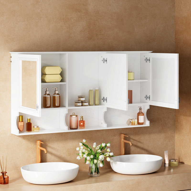 Armoire à pharmacie 55 po à miroir avec tablettes ouvertes