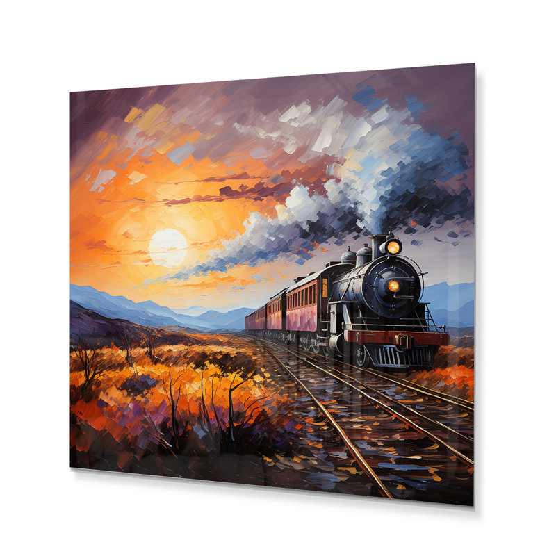 Abstrait train coucher de soleil express pointillisme I - transport mural en métal, H 16 po x l 16 po x P 1 po