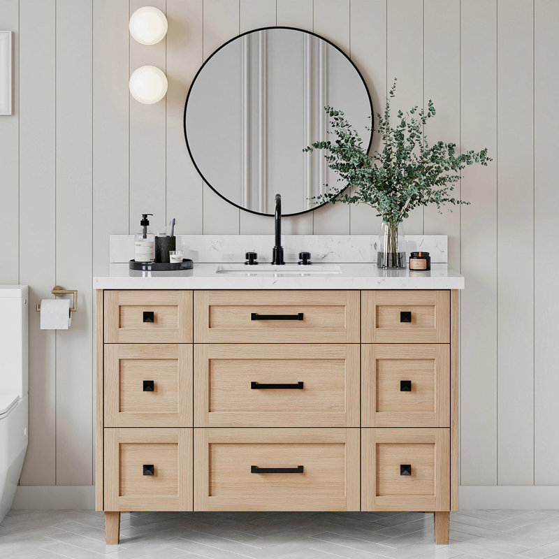 ARIEL Monroe 48 Single Sink Bathroom Vanity with Carrara Quartz Top, Oak, 48", Carrara White Quartz