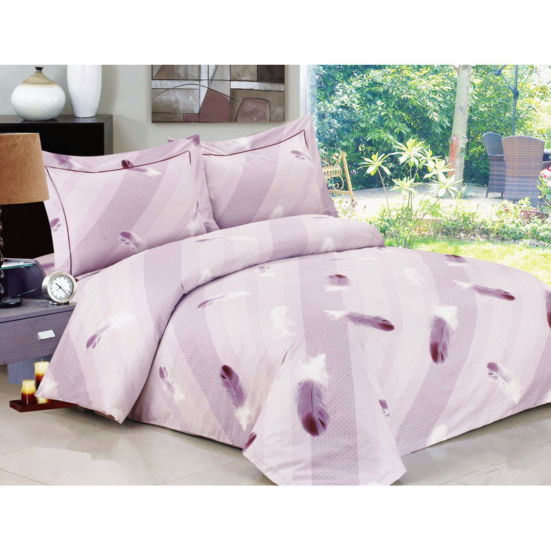 French Feathers Pattern Percale Striped Duvet Cover