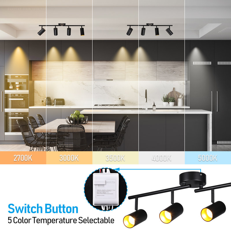 LED Adjustable 4-Head Ceiling Track Spotlight Dimmable, 5 Color Temperatures Selectable, Black