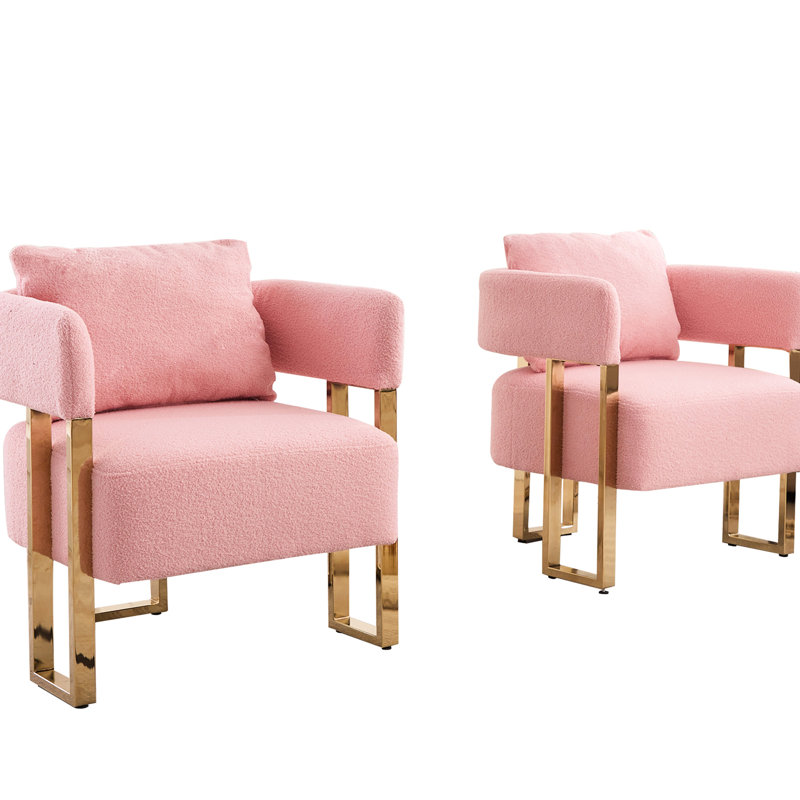 Fashionable Pink With Golden Metal Support, Fleece Upholstery, For Living Room, Dressing Area, Reception Office, 1 Seat Modern Decorative Chair Gold Legs - 2Pcs Office Fleece, No Wheels, Meticulous