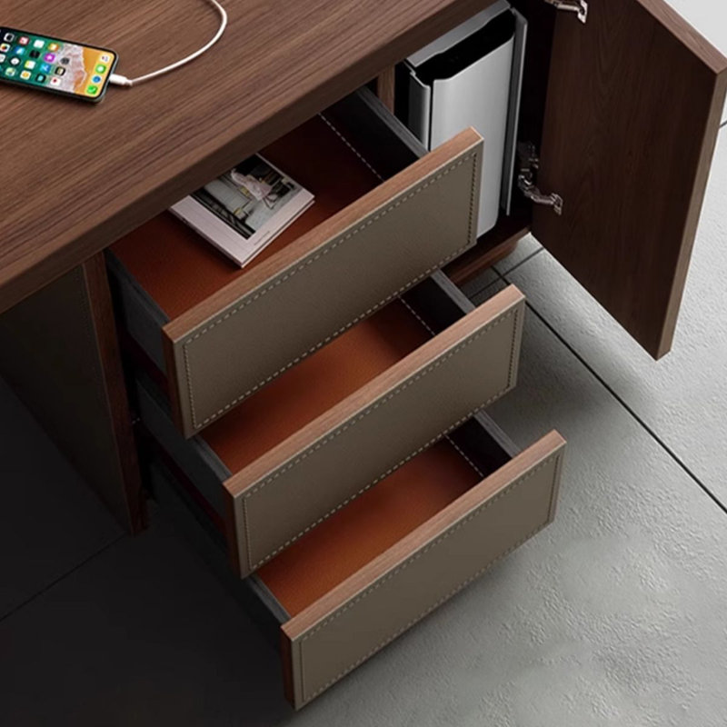 Bureau en bois manufacturé rectangulaire brun noisette + beige + acier au carbone avec 3 tiroirs, Retour à droite