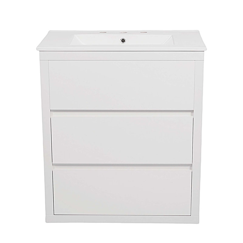 Meuble-lavabo avec lavabo en céramique et 2 tiroirs pleine extension, meuble-lavabo autoportant avec poignée libre à 45 °, glissières de tiroir à fermeture en douceur