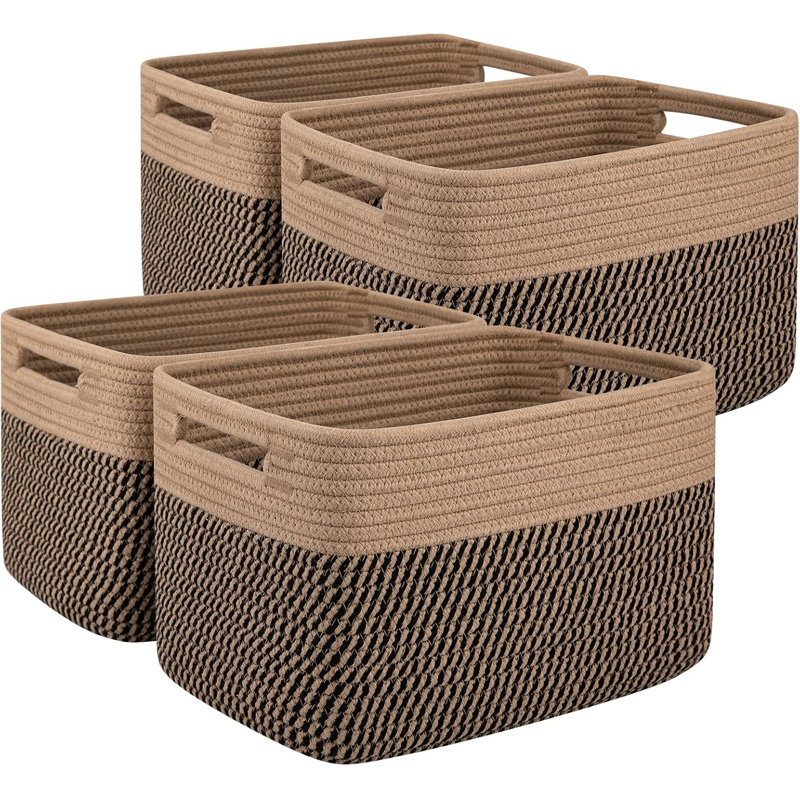Set of 4 Woven Cotton Rope Storage Baskets – 13"×9"×7.8" Rectangular Organizer with Skeleton Handles
