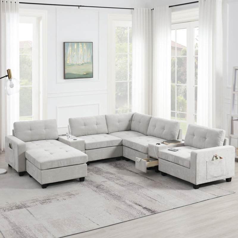 104'' Sectional Sofa With Acrylic Table Top, Light Gray Chenille