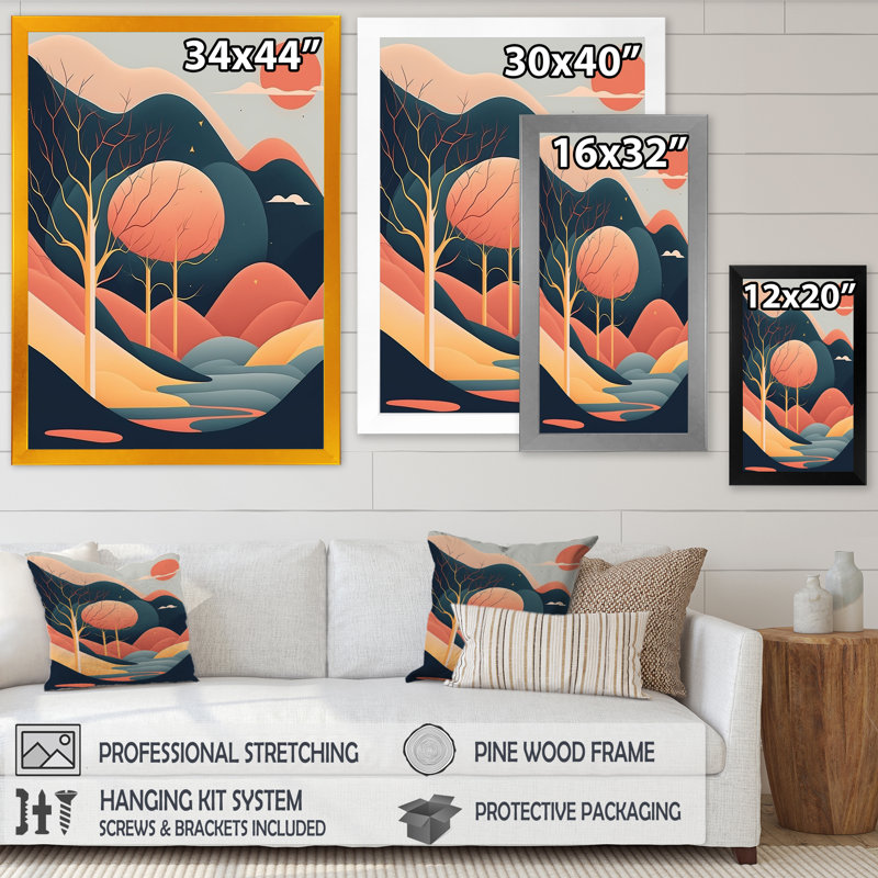 Autumn Trees Under The Red Full Moon - Print on Canvas, Gold Picture Framed Canvas, 32" H x 16" W x 1" D