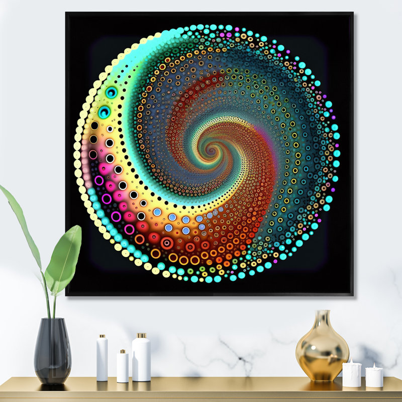 Iridiscdent pointillisme spirale nuances de turquoise - imprimé, H 30 po x l 30 po x P 1 po, Cadre flottant noir