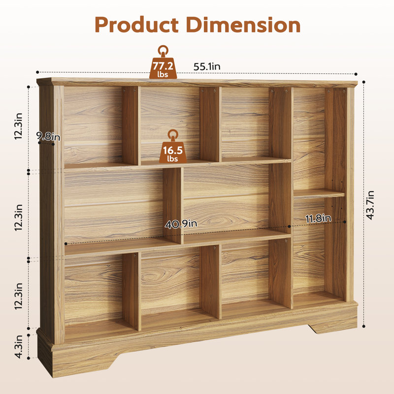 10-Cube Farmhouse Cube Bookcase With Fluted Front Trim For Living Room, Brown