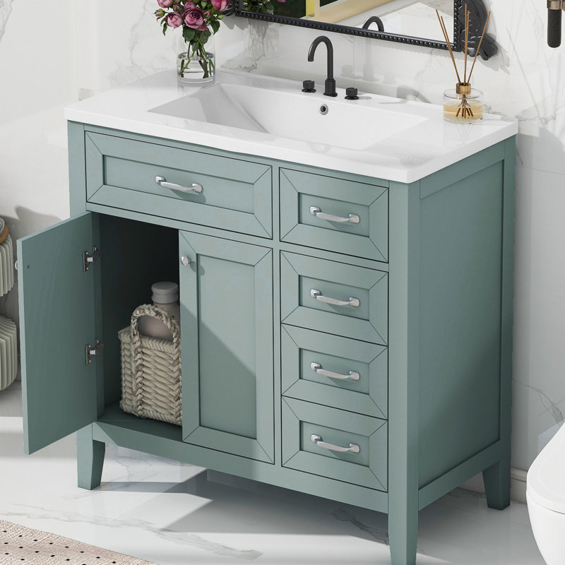 Meuble-lavabo de salle de bain 36 po avec cadre en bois massif et panneau d'évier, Vert / argenté
