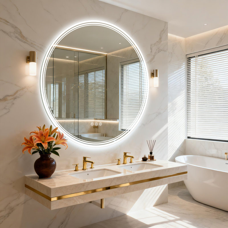 UL Certified Super Bright Round Frontlit & Backlit LED Bathroom Vanity Mirror With 3-Year Warranty, Dimmable, Anti-Fog, 3 Color Adjustment, Tempered Glass