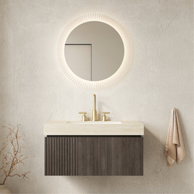 Meuble-lavabo de 91 cm avec lavabo, armoire flottante en contreplaqué, comptoir en pierre frittée, lavabo en céramique, 3 trous prépercés, assemblé, manuel d'installation détaillé et rangement inclus, couleur du comptoir et du robinet, charge