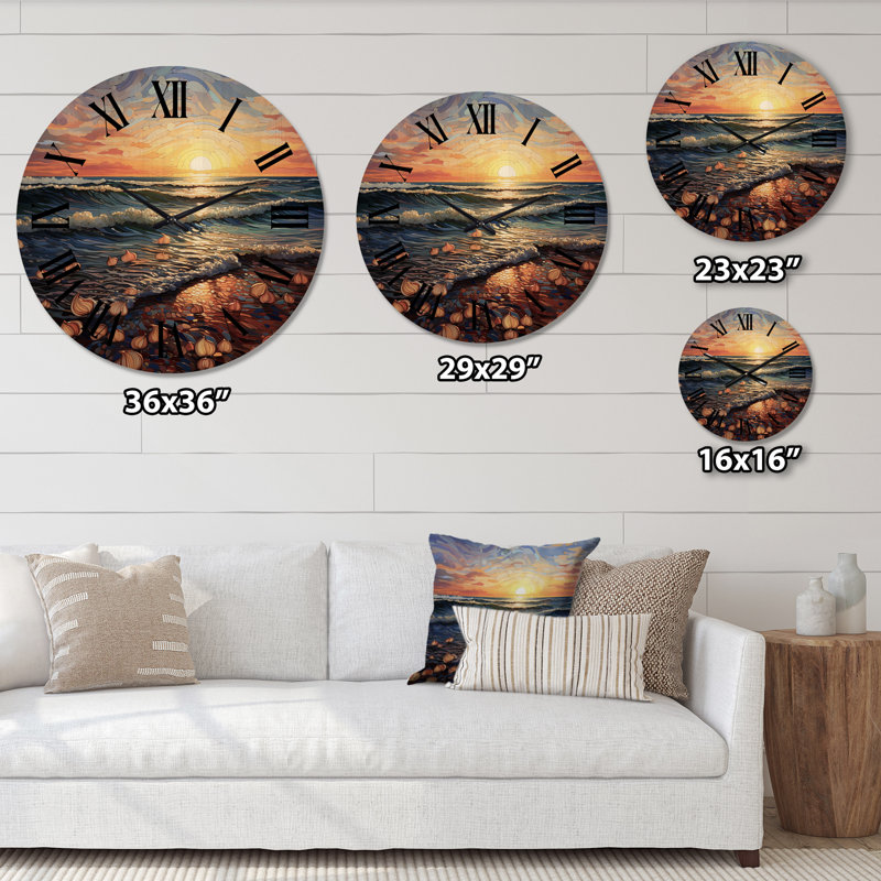 Beach Golden Sands Pointillism I - Très grande horloge murale en bois, Grand