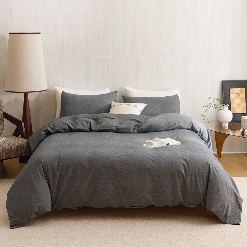 Wellboo Washed Cotton Comforter Set 100% Cotton Bedding Set 3 Pcs Bed Comforter Set, Gray, Twin Comforter + 2 Pillowcases