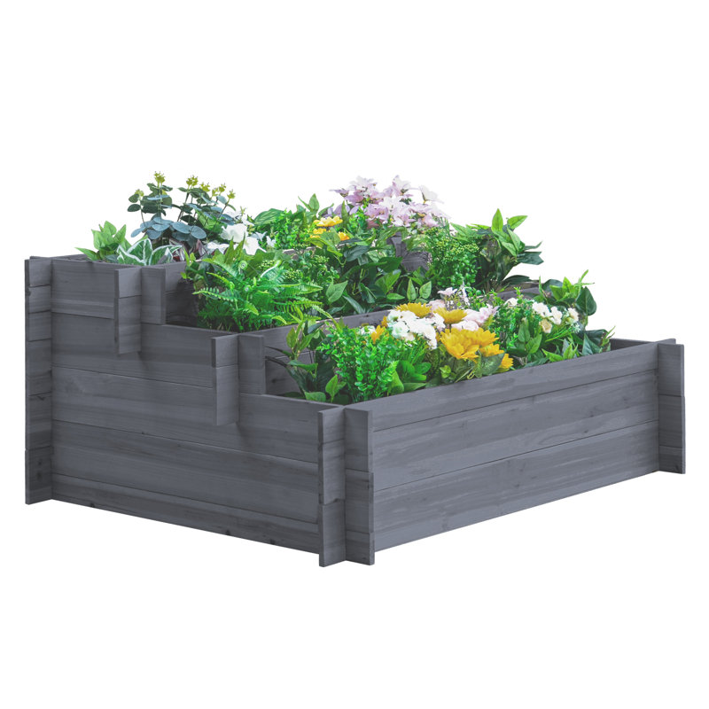 Lit de jardin surélevé en bois à 3 niveaux, jardinière surélevée, gris