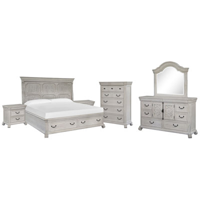 Queen Panel Storage Bed 2 Nightstands Drawer Dresser With Shaped Mirror And Drawer Chest