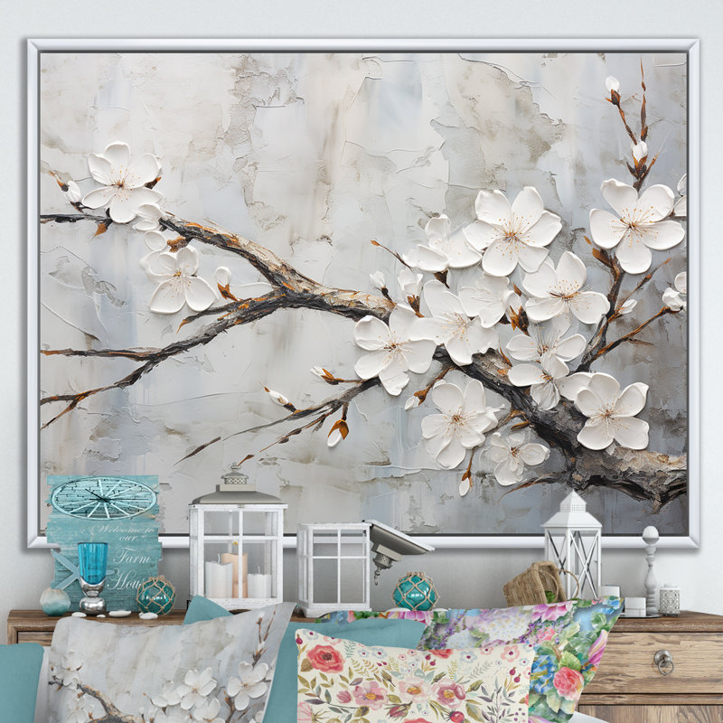 Minimalisme blanc et gris cerisier en fleurs - art mural cerisier en fleurs pour le salon, H 16 po x l 32 po x P 1 po