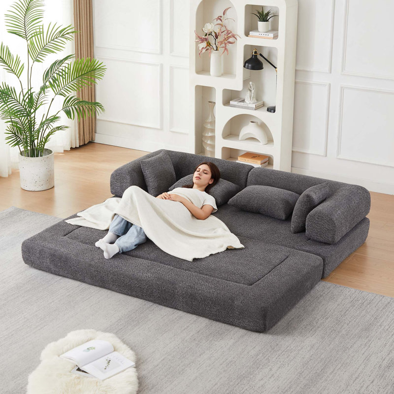 Canapé-lit convertible en chenille avec accoudoirs amovibles, Gris chenille