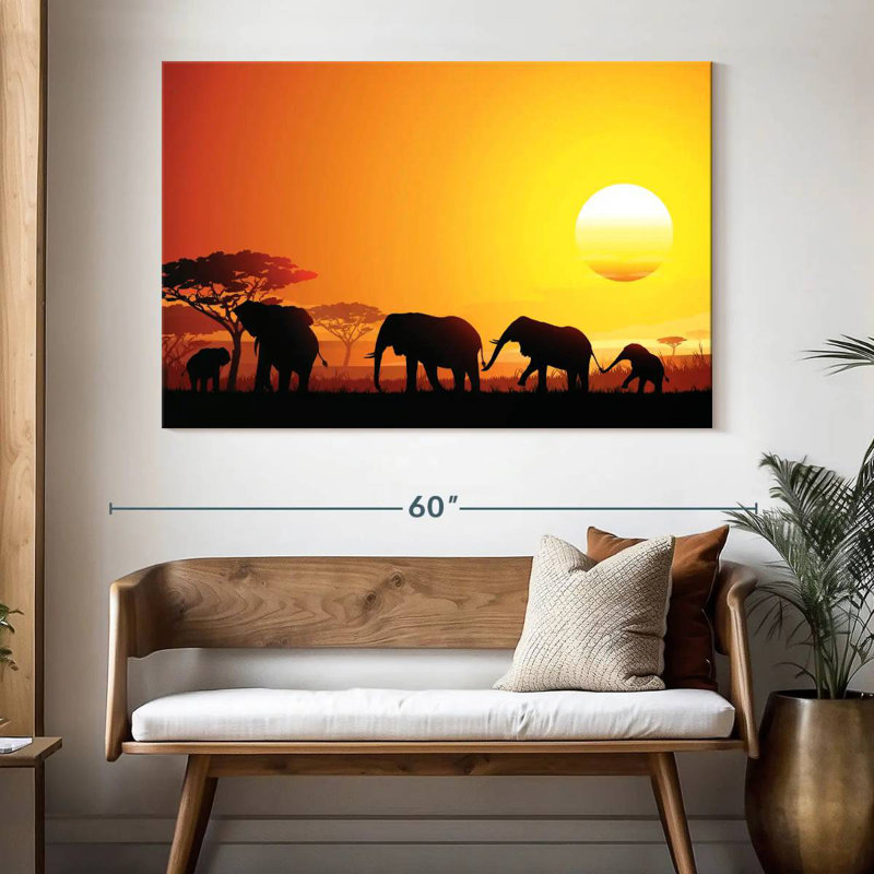 Elephant Herd At Sunset, 34" H x 51" W