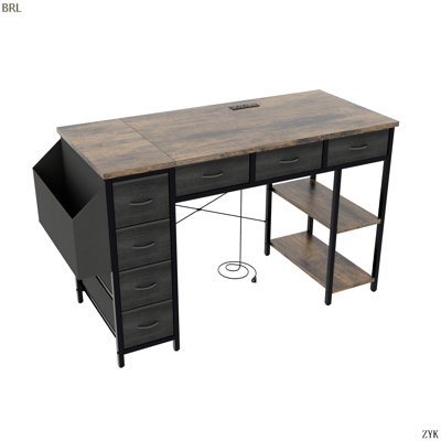 Bureau d'ordinateur avec tiroir et prises de courant, avec 2 supports pour moniteur et classeur en tissu, table d'écriture avec tablettes et crochets pour le bureau personnel