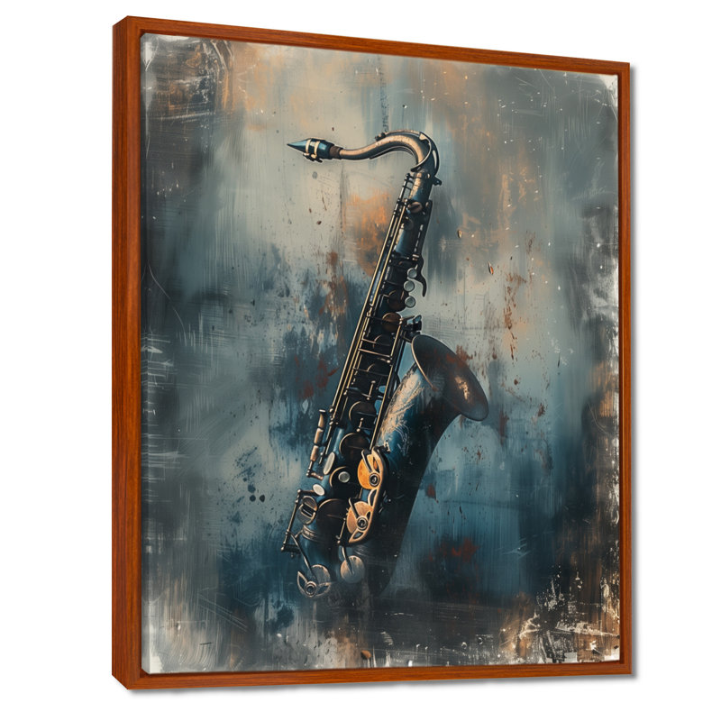 Gris saxophone Sizzle Portrait - musique Jazz Wall Art salon, Cadre flottant brun, 44" H x 34" W