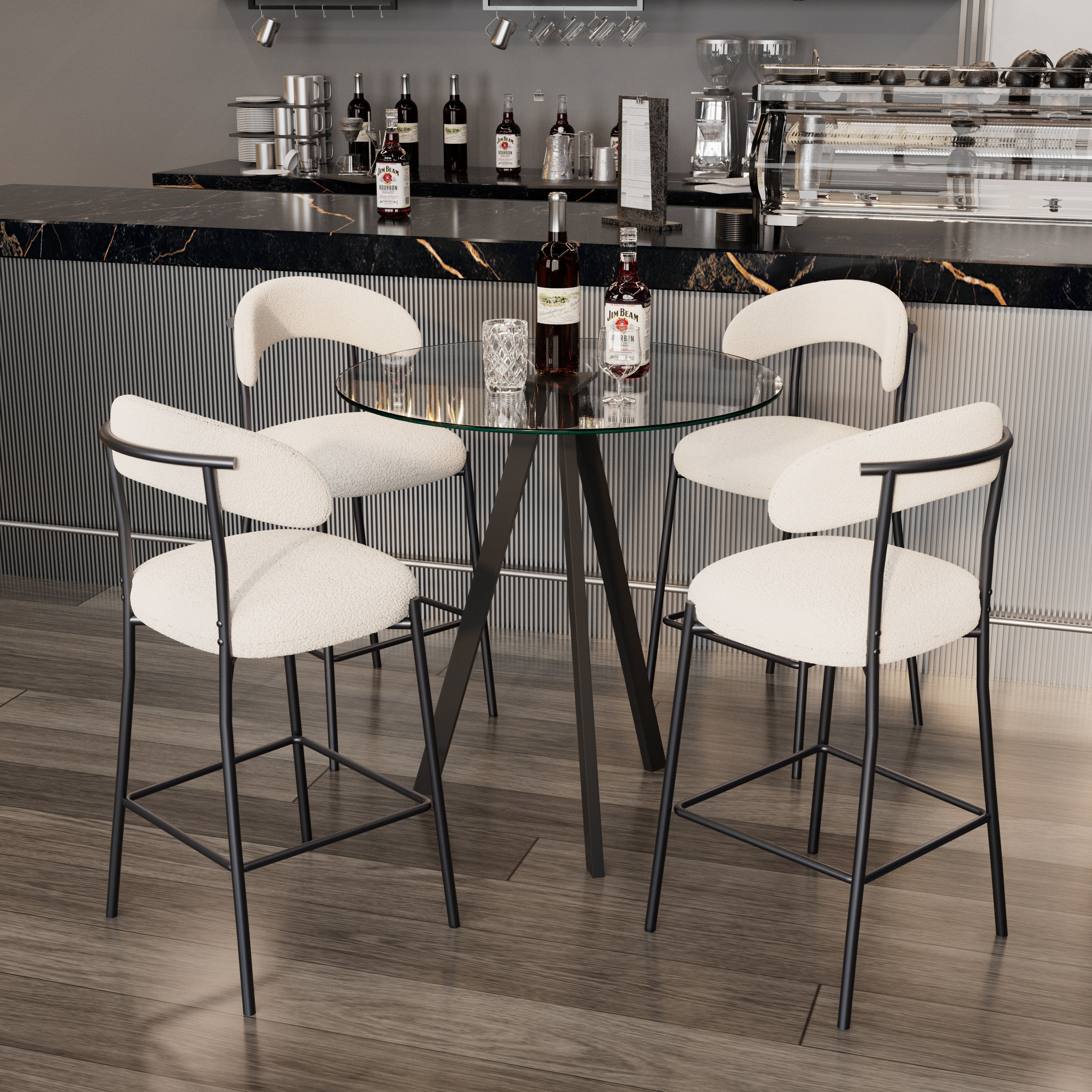 Rosibel Bar Table Set, Tempered Glass Round Dining Table And Height Bar Stools - 5 Piece: Table, 4 Chairs