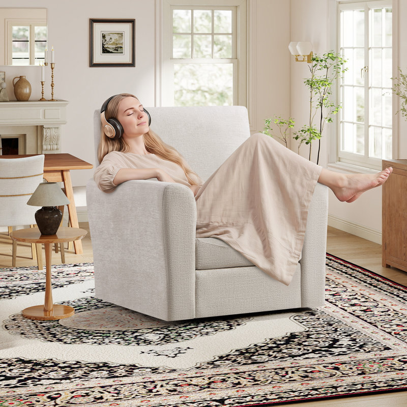 34''W Modern Soft Chenille Swivel Living Room Upholstered Swivel Accent Armchair With Pillow Back, Beige