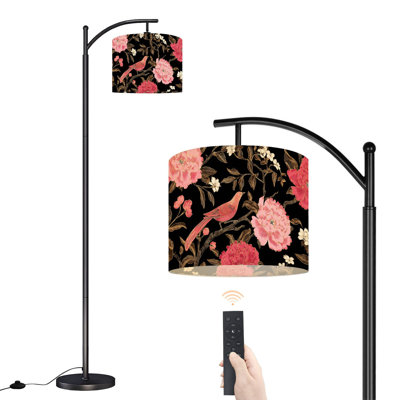 Arc Floor Lamp Peonies pheasants Floral vintage seamless flowers birds Black pink Floor Lamps with Remote LED Lights Adjustable Lamp Shades Tall Standing Lamps for Reading Office Living Room