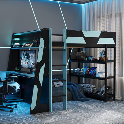 Lit mezzanine pleine grandeur avec bureau, tablettes et lumières DEL, noir et bleu