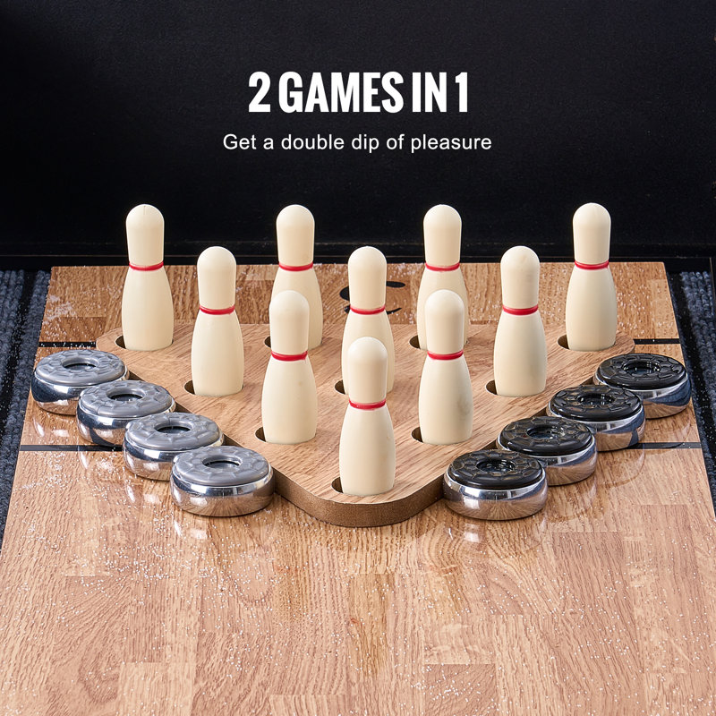 Table de jeu de palets lumineuse DEL de 2,74 m (9 pi) pour salle de jeux familiale, jeu combiné 2 en 1 (palets et bowling), 8 palets, pieds, jeu de quilles, cire, brosse, surface de jeu résistante aux rayures