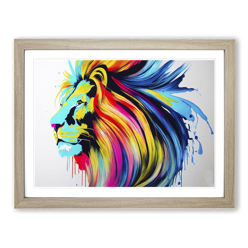 Vibrant Lion Abstract - Framed Print, 46cm H x 64cm W x 2cm D, Oak