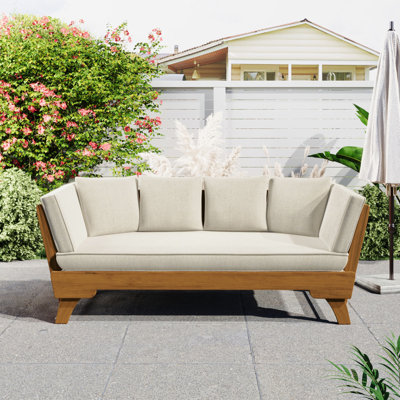 Canapé d'extérieur d'extérieur pour lit de jour, canapé 3 places avec accoudoirs pliables et 4 coussins de dossier, coussin amovible en teck et structure en bois d'acacia beige