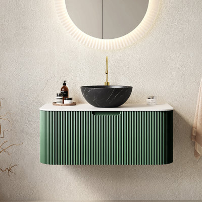 Meuble-lavabo 36 po, armoire de salle de bain en contreplaqué rayé à bords arrondis avec tiroir, vasque en céramique noir mat et plateau en pierre frittée, pré-assemblé
