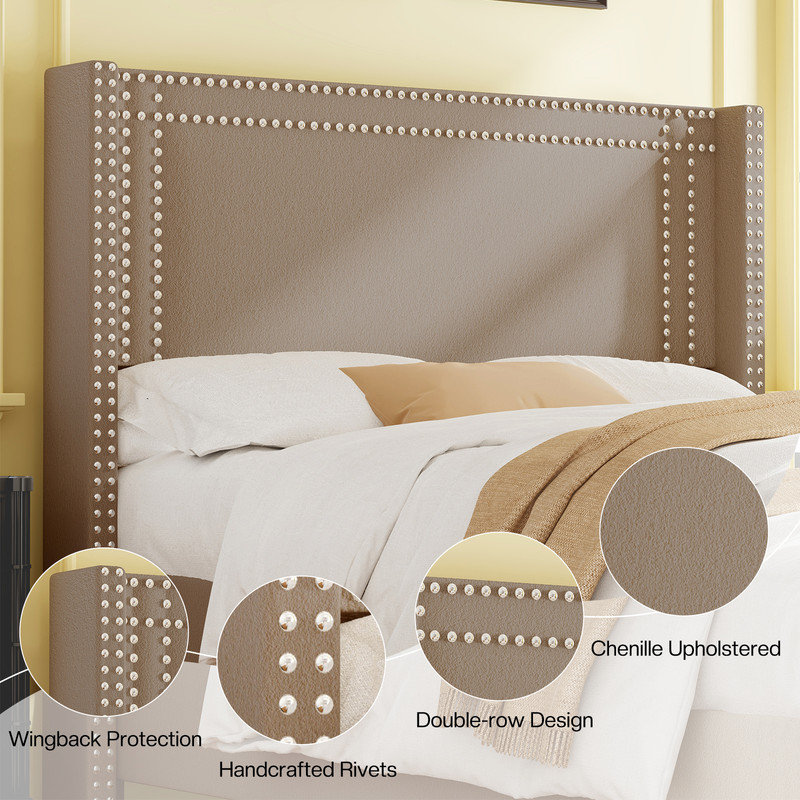 Queen Brown Chenille Upholstered Bed with Nailhead Trim