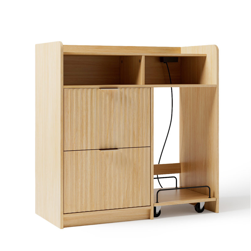 2 Drawer Wooden File Cabinet With Mobile Side Cart Wood Grain Finish Fluted Design P2 MDF & Particleboard