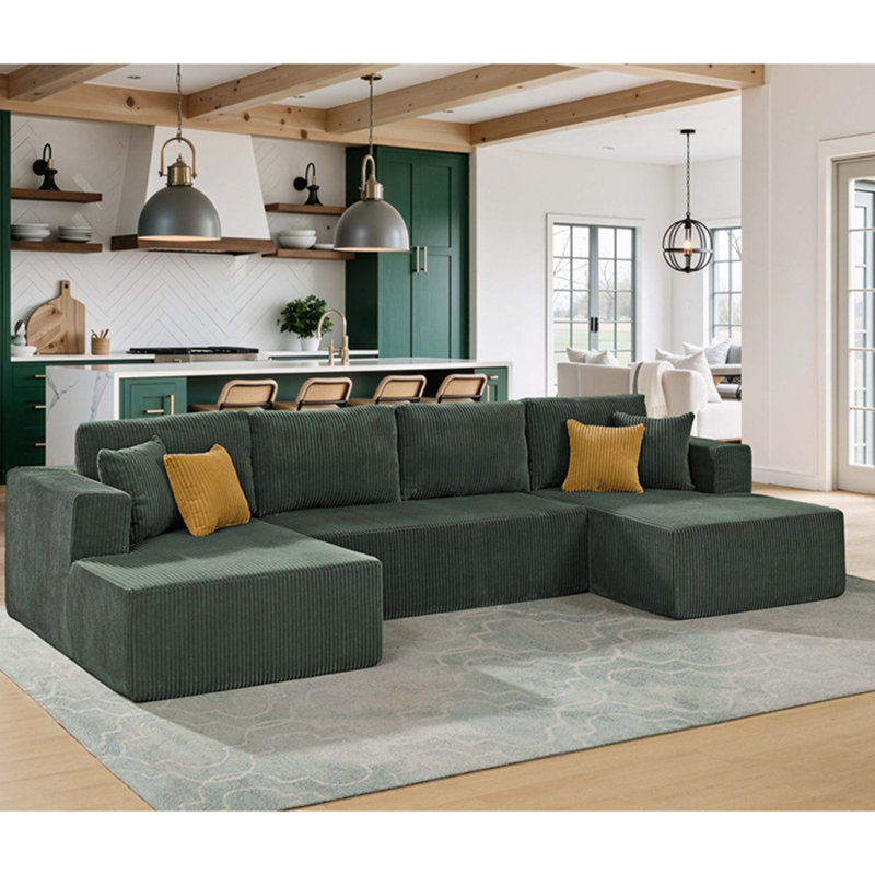 Canapé modulaire rembourré en velours côtelé double avec méridienne double - aucun assemblage requis, Vert foncé