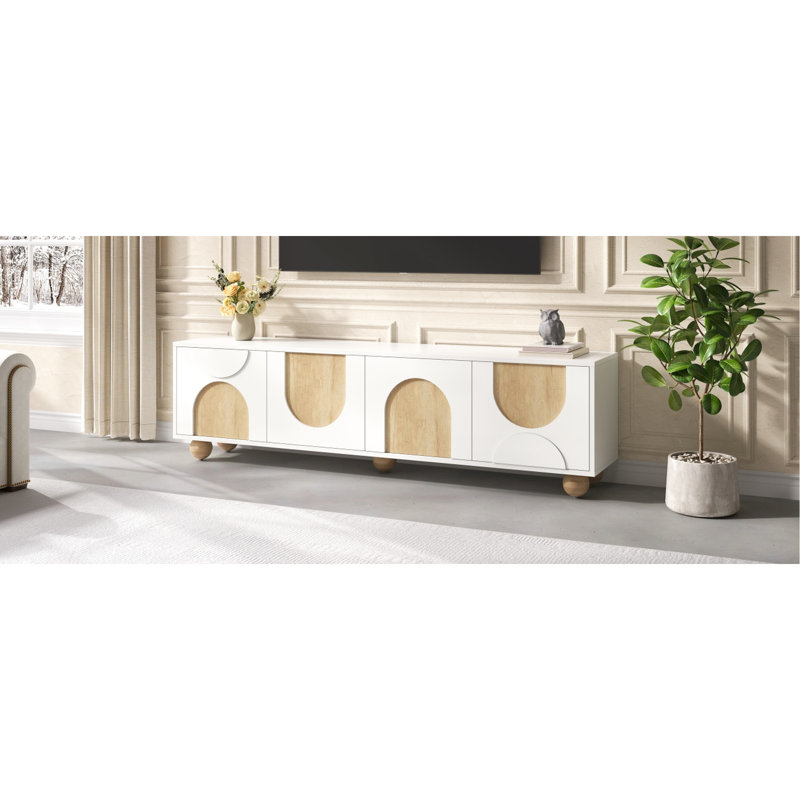 Console média de style crème, meuble télé blanc 75 po avec trous pour câbles, 5 pieds à grain de bois et dispositif de rebond de l 69,6 po pour téléviseur, fonction console, trous arrière en forme