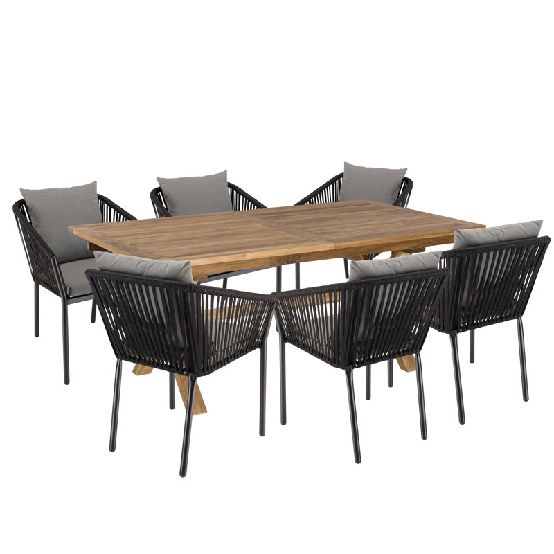 Mac 6 - Person Solid Wood Patio Dining Set Rectangular Table with Cushions Included, Grey, Black