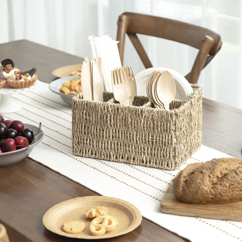 Hand-Woven Wicker Cutlery Holder with Handle, Flatware Basket Organizer