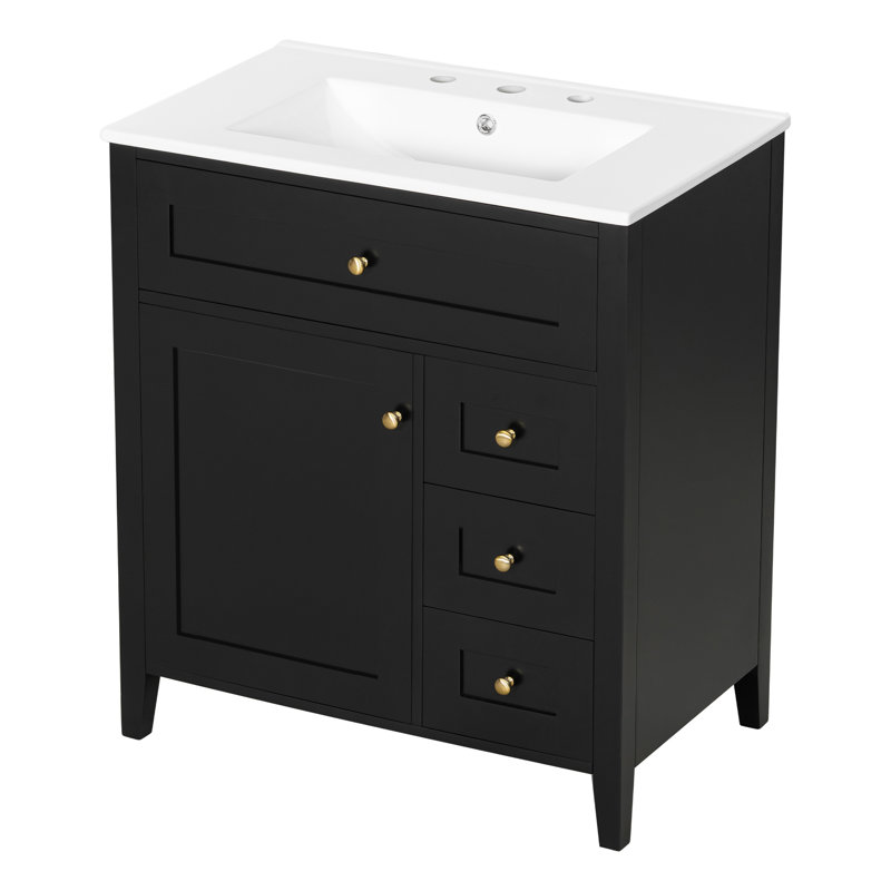 Meuble-lavabo moderne 30 po avec lavabo, tablette réglable et trois tiroirs de rangement Sail, Black